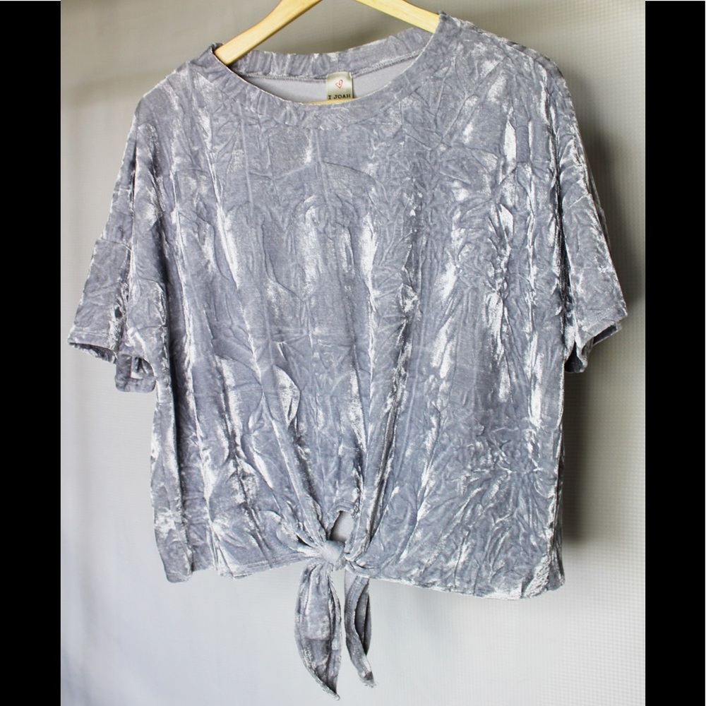 Grey Crushed Velvet Front-tie Short Sleeved Shirt